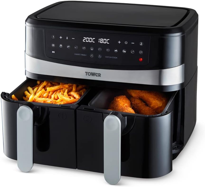 Tower T17088 Vortx Xpress Air Fryer - Oil Free Dual Basket Electric Deep Fryer | Smart Finish, 2600W Power | 9L Capacity | Black