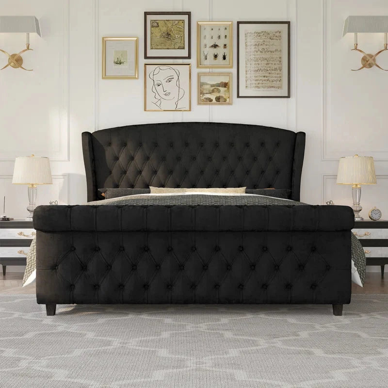 Dulane Chenille / Velvet Upholstered Sleigh Bed with Scroll Wingback Headboard 1
