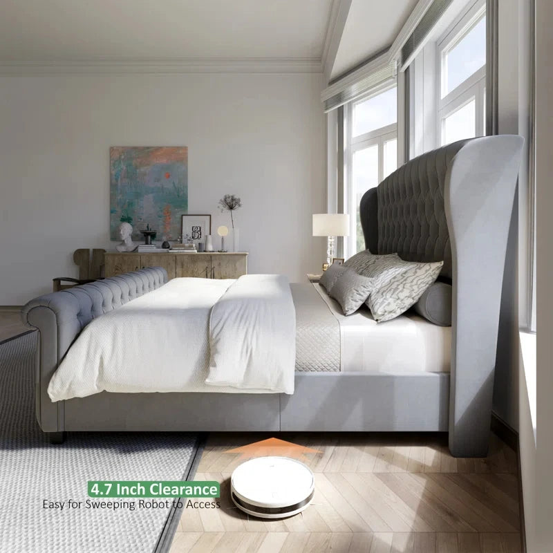 Dulane Chenille / Velvet Upholstered Sleigh Bed with Scroll Wingback Headboard 1