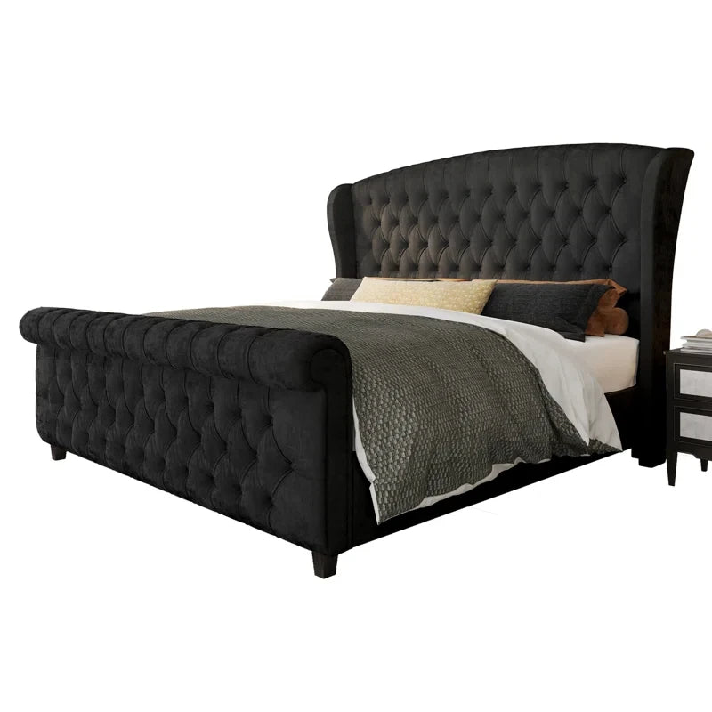 Dulane Chenille / Velvet Upholstered Sleigh Bed with Scroll Wingback Headboard 1